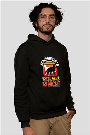 Schrödingerin Kedisi Renkli Baskılı Unisex Siyah Kapüşonlu Sweatshirt