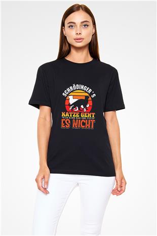 Schrödingerin Kedisi Renkli Baskılı Unisex Siyah Tişört - Tshirt