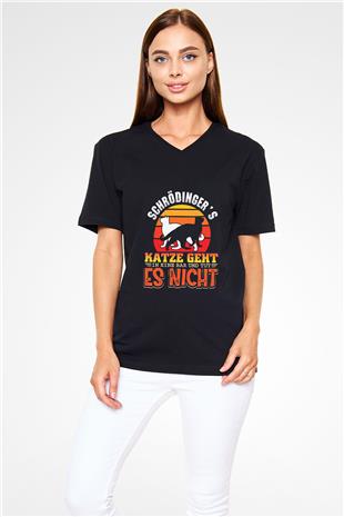 Schrödingerin Kedisi Renkli Baskılı Unisex V Yaka Siyah Tİşört - Tshirt