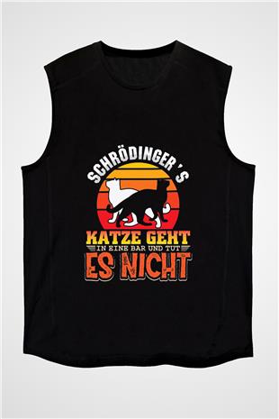 Schrödingerin Kedisi Renkli Baskılı Unisex Kolsuz Siyah Tişört - Tshirt