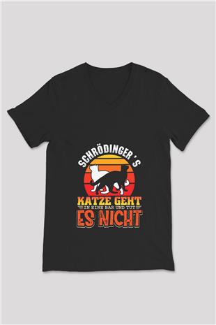 Schrödingerin Kedisi Renkli Baskılı Unisex V Yaka Siyah Tİşört - Tshirt