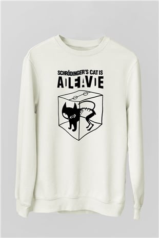 Schrödingerin Kedisi Süperpozisyon Baskılı Unisex Beyaz Sweatshirt
