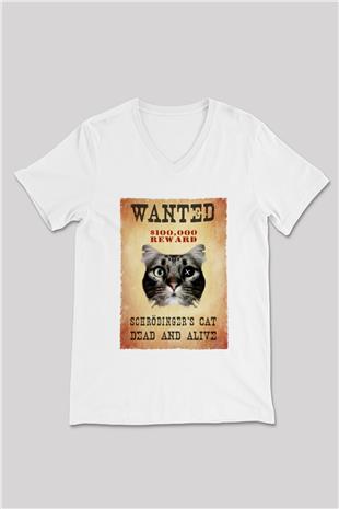 Schrödingerin Kedisi Wanted Baskılı Unisex V Yaka Beyaz Tişört - Tshirt