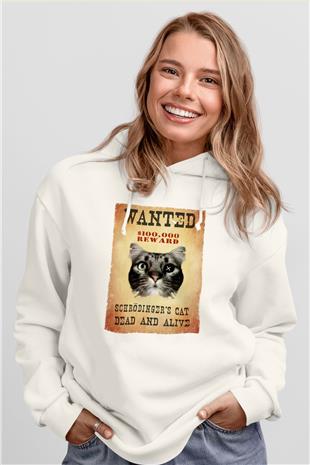 Schrödingerin Kedisi Wanted Baskılı Unisex Ekru Hoodie