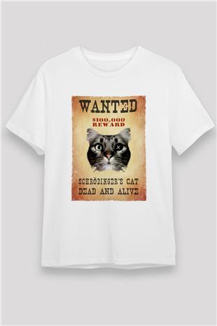 Schrödingerin Kedisi Wanted Baskılı Unisex Beyaz Tişört - Tshirt