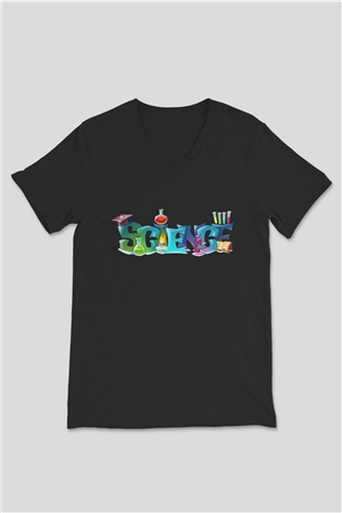 Science Baskılı Unisex Siyah V Yaka Tişört