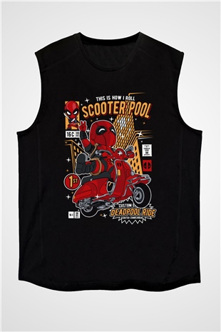 Scooter Pool Baskılı Unisex Siyah Kolsuz Tişört