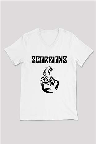 Scorpions Beyaz Unisex V Yaka Tişört T-Shirt