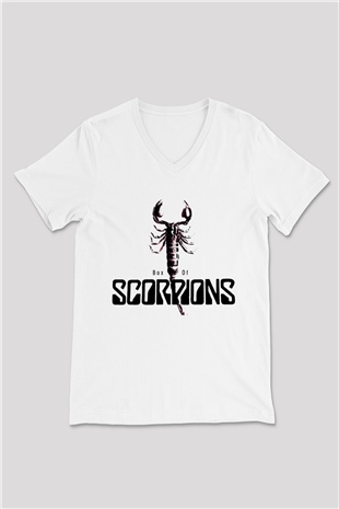Scorpions Beyaz Unisex V Yaka Tişört T-Shirt