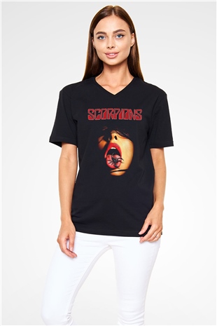 Scorpions Siyah Unisex V Yaka Tişört T-Shirt