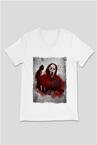 Scream Beyaz Unisex V Yaka Tişört