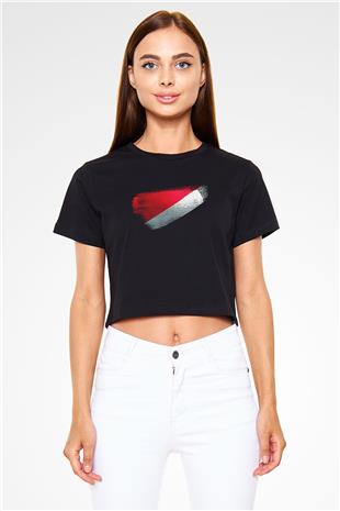 Sealand Prensliği - Principality Sealand Bayrağı Baskılı Kadın Crop Top Siyah Tişört