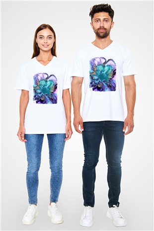 Şekil Beyaz Unisex V Yaka Tişört