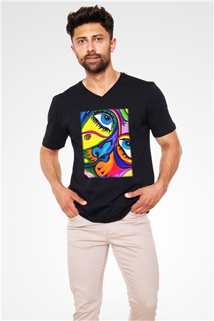 Şekil Siyah Unisex V Yaka Tişört T-Shirt