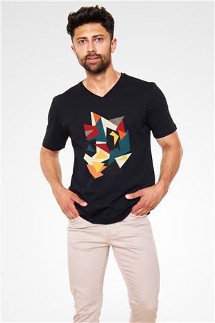 Şekil Siyah Unisex V Yaka Tişört T-Shirt