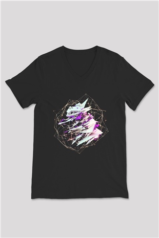 Şekil Siyah Unisex V Yaka Tişört T-Shirt