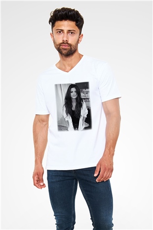 Selena Gomez Beyaz Unisex V Yaka Tişört T-Shirt