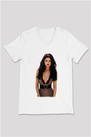 Selena Gomez Beyaz Unisex V Yaka Tişört T-Shirt