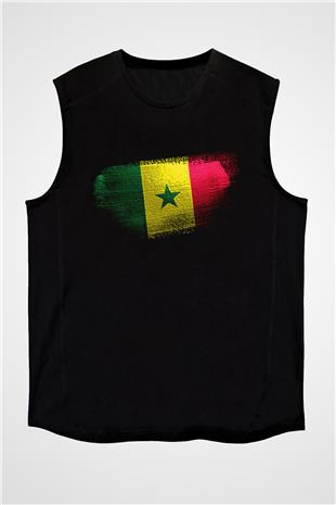 Senegal Bayrağı Baskılı Unisex Siyah Kolsuz Tişört