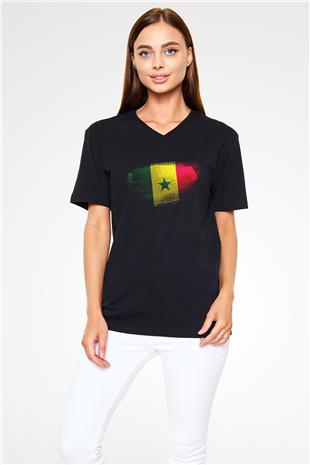 Senegal Bayrağı Baskılı Unisex Siyah V Yaka Tişört