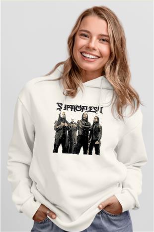 Septicflesh Baskılı Beyaz Unisex Kapüşonlu Sweatshirt