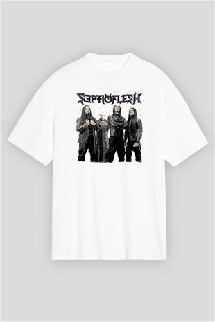 Septicflesh Baskılı Beyaz Unisex Oversize Tişört - Tshirt