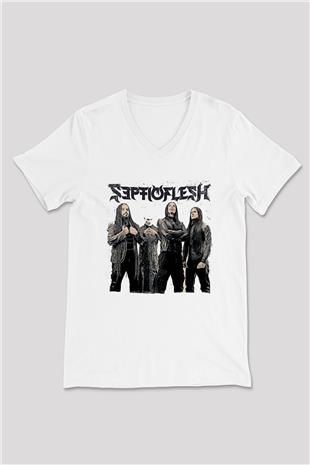 Septicflesh Baskılı Beyaz Unisex V Yaka Tişört - Tshirt