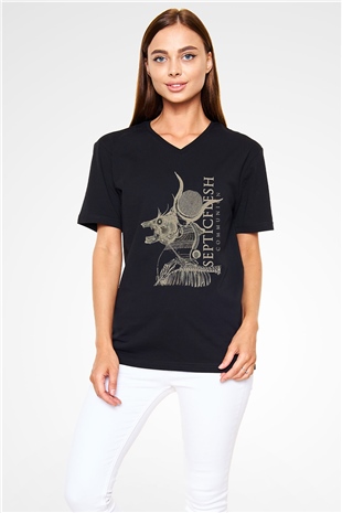 Septicflesh Baskılı Unisex Siyah V Yaka Tişört - Tshirt