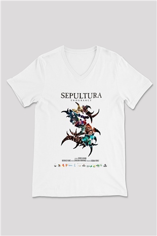 Sepultura Beyaz Unisex V Yaka Tişört T-Shirt