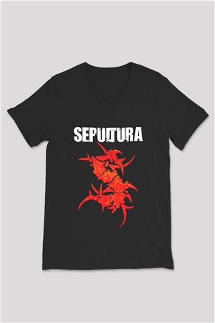 Sepultura Siyah Unisex V Yaka Tişört T-Shirt