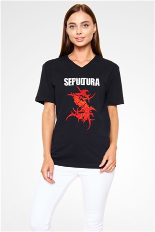 Sepultura Siyah Unisex V Yaka Tişört T-Shirt