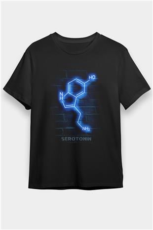 Seratonin Molekülü Neon Baskılı Unisex Siyah Tişört - Tshirt