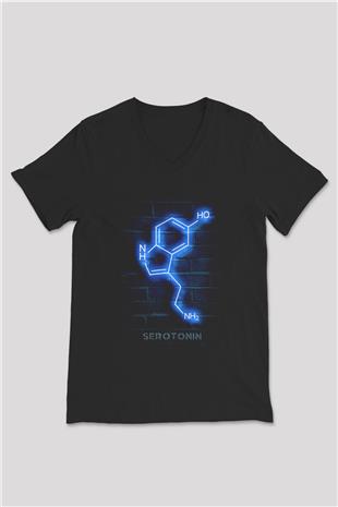 Seratonin Molekülü Neon Baskılı Unisex V Yaka Siyah Tİşört - Tshirt