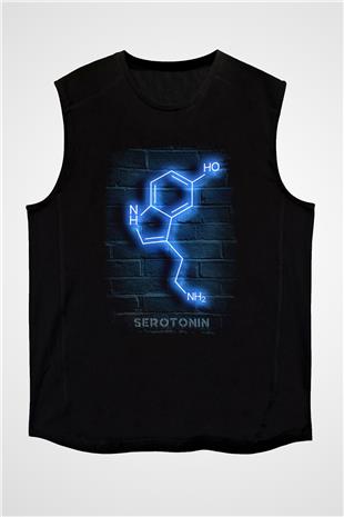 Seratonin Molekülü Neon Baskılı Unisex Kolsuz Siyah Tişört - Tshirt