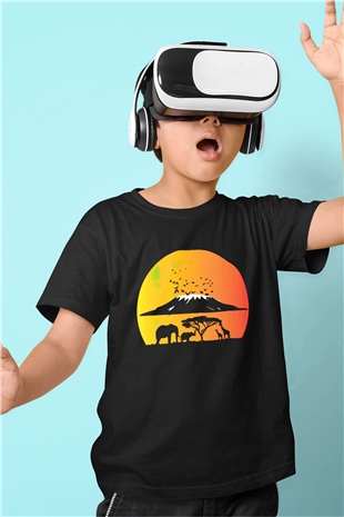 Serengeti Milli Park Baskılı Siyah Unisex Çocuk Tişört