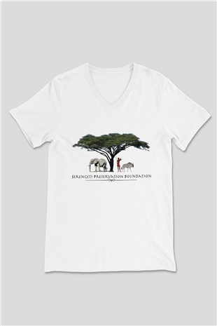 Serengeti Milli Park Beyaz Unisex V Yaka Tişört T-Shirt