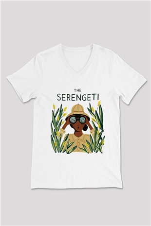 Serengeti Milli Park Beyaz Unisex V Yaka Tişört T-Shirt