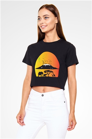 Serengeti Milli Park Siyah Crop Top Tişört