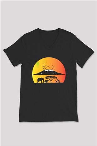Serengeti Milli Park Siyah Unisex V Yaka Tişört T-Shirt
