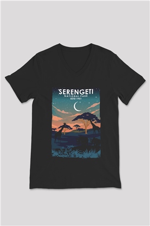 Serengeti Milli Park Siyah Unisex V Yaka Tişört