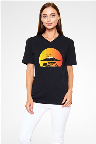 Serengeti Milli Park Siyah Unisex V Yaka Tişört T-Shirt
