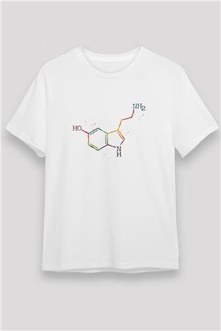 Serotonin Molekülü Baskılı Unisex Beyaz Tişört - Tshirt