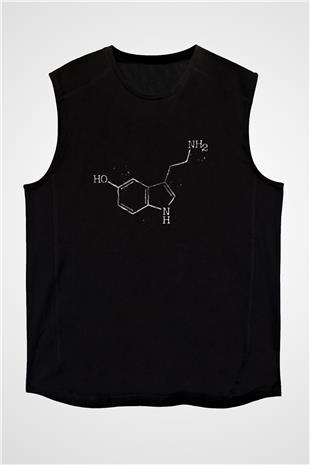 Serotonin Molekülü Baskılı Unisex Kolsuz Siyah Tişört - Tshirt