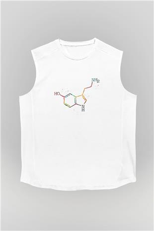 Serotonin Molekülü Baskılı Unisex Kolsuz Beyaz Tişört - Tshirt