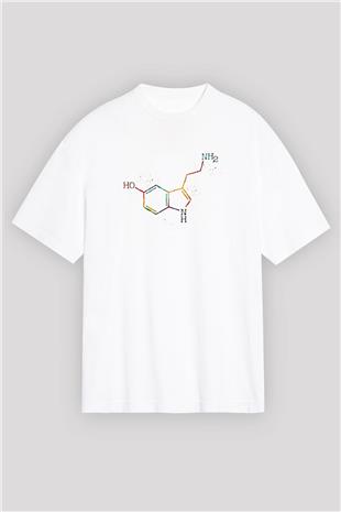 Serotonin Molekülü Baskılı Unisex Oversize Beyaz Tişört - Tshirt