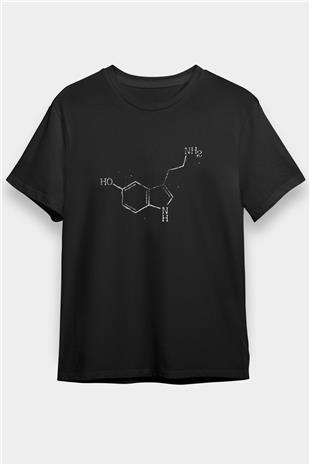 Serotonin Molekülü Baskılı Unisex Siyah Tişört - Tshirt