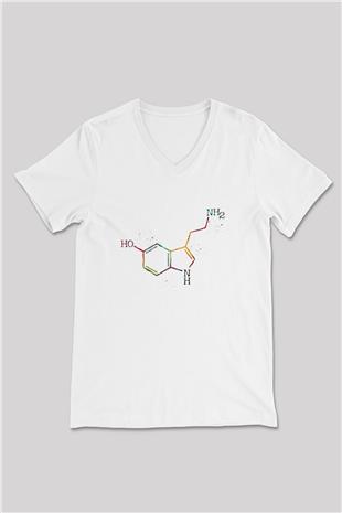 Serotonin Molekülü Baskılı Unisex V Yaka Beyaz Tişört - Tshirt
