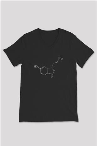 Serotonin Molekülü Baskılı Unisex V Yaka Siyah Tİşört - Tshirt