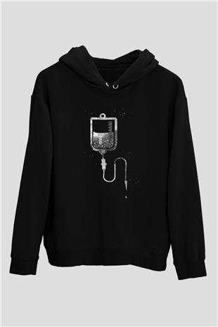 Serum Baskılı Unisex Siyah Kapüşonlu Sweatshirt