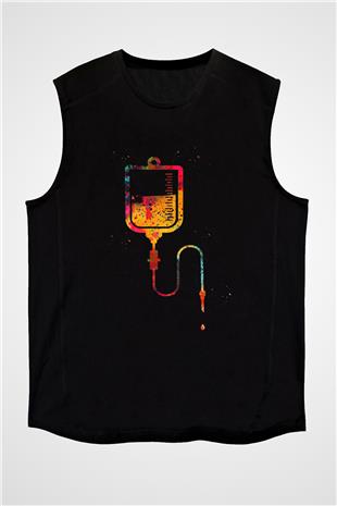 Serum Renkli Baskılı Unisex Kolsuz Siyah Tişört - Tshirt